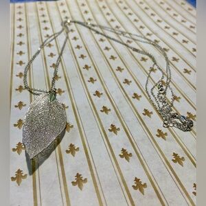 Long Silver Textured Leaf Charm Necklaces